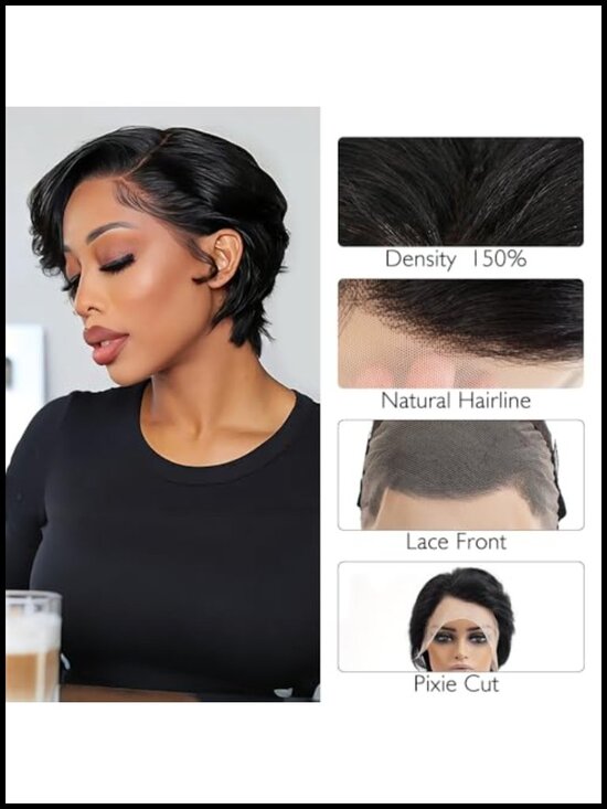 13X4 Lace Front Wig 100% Human Hair Pixie Cut Pre Plucked 8in Straight Bob main image 4